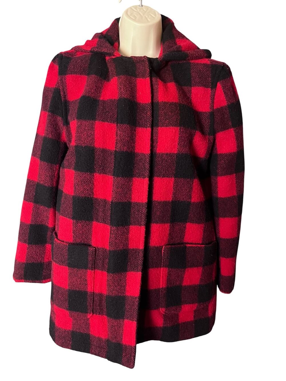 Vintage 90s Talbots Wool Coat XS Red Black Buffalo Plaid Hooded Made USA